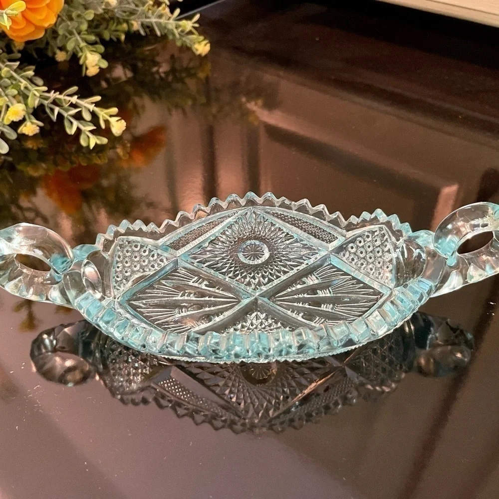 VINTAGE, VIKING, PRESSED GLASS, TURQUOISE, RELISH TRAY. SAWTOOTH EDGE.